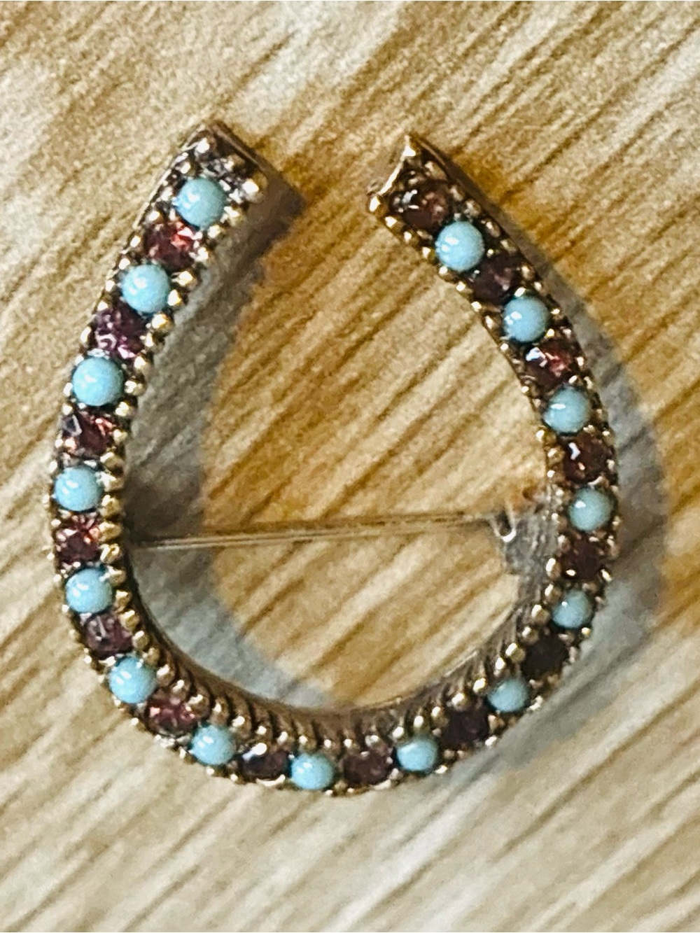 Vintage Lucky Turquoise and Ruby Horseshoe Brooch